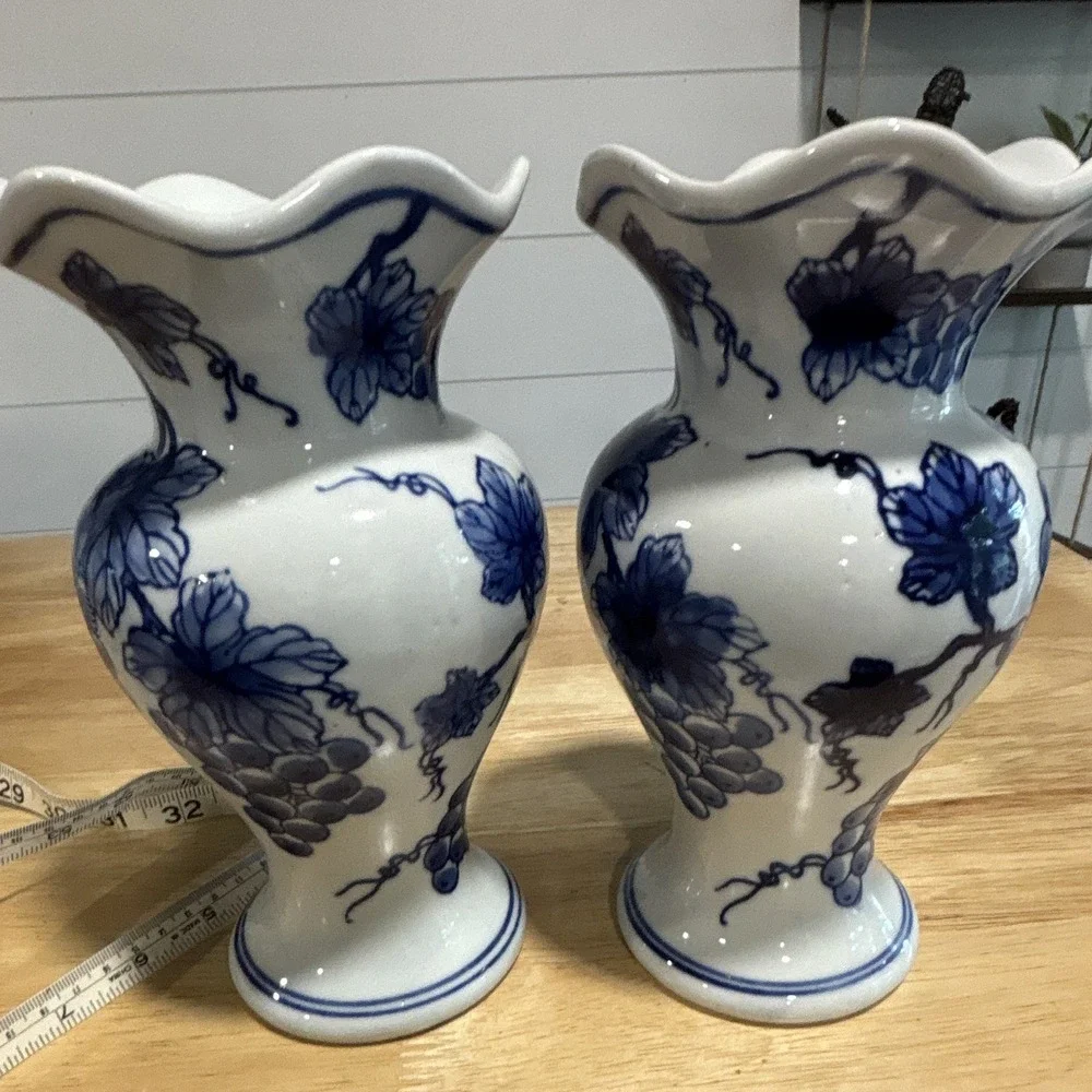 Vintage Pair Blue & White Ceramic Vases Grapevine Pattern Glossy